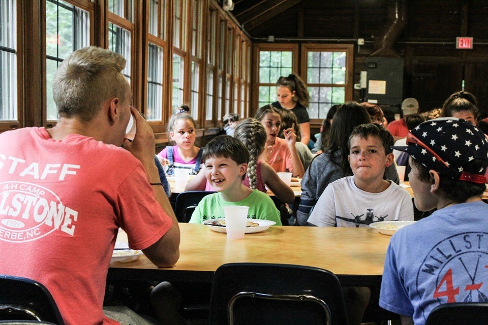 Kids in the dining hall at Millstone 4-H Camp