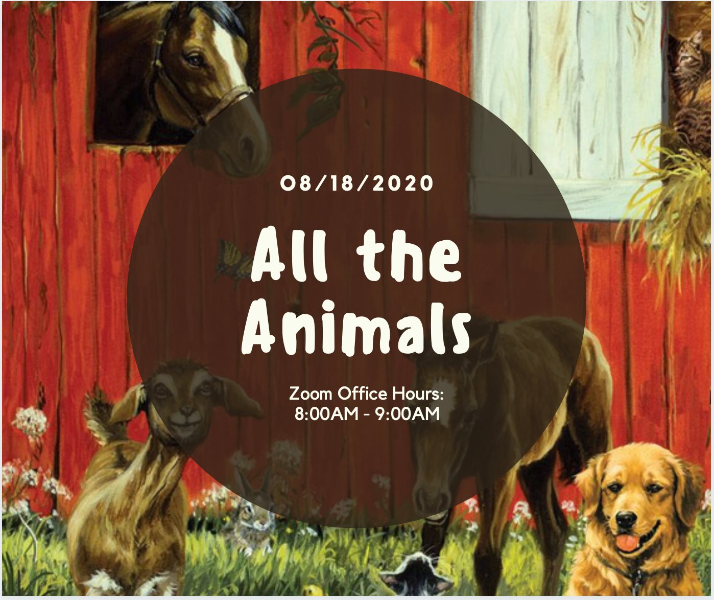 all the animals in front of barn with animals