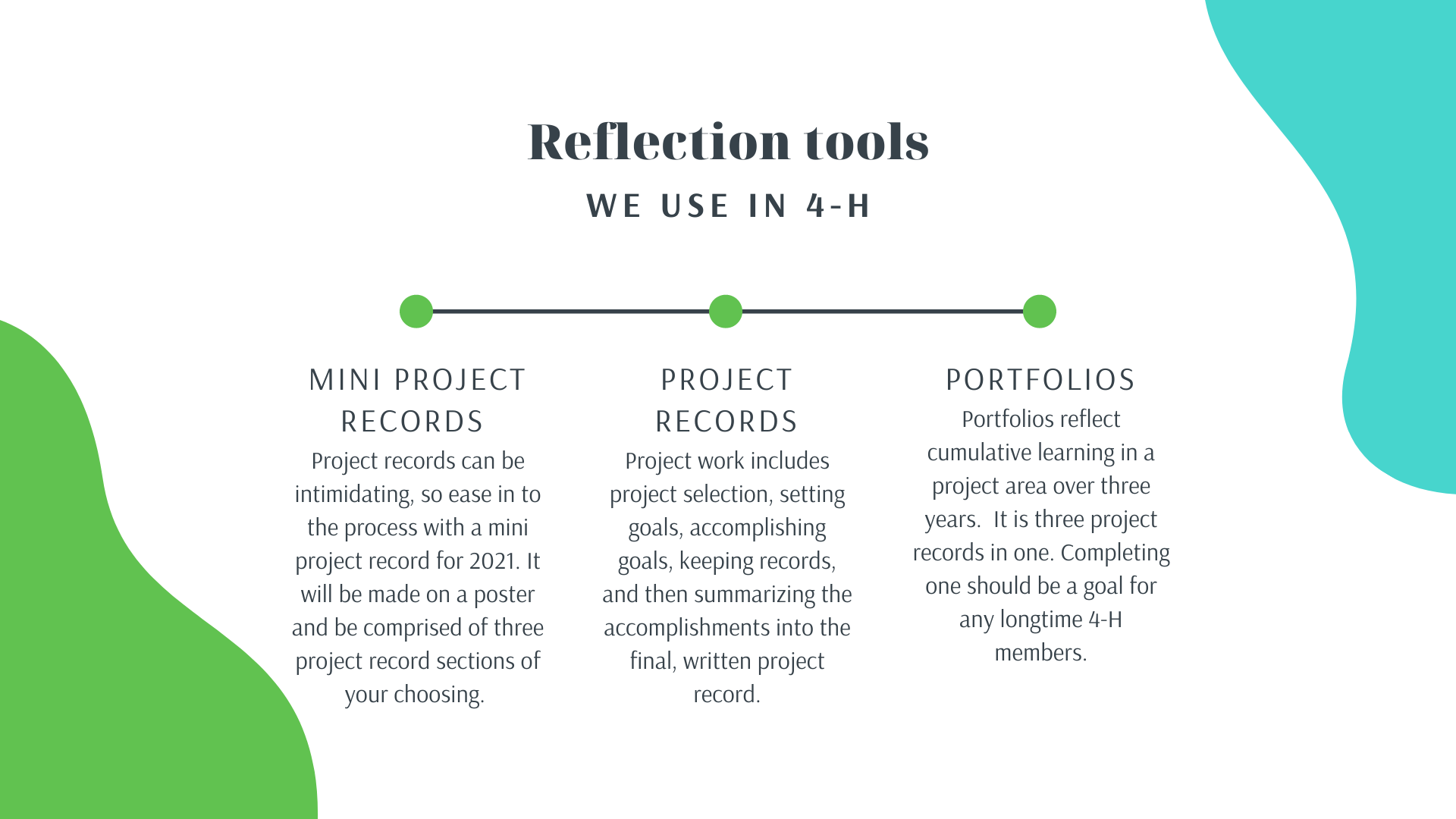 Mini Project Records, Project Records and Portfolios are three of the reflection tools we use in 4-H. 