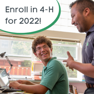 Volunteer and teen work together on the computer. "Enroll in 4-H for 2022!"