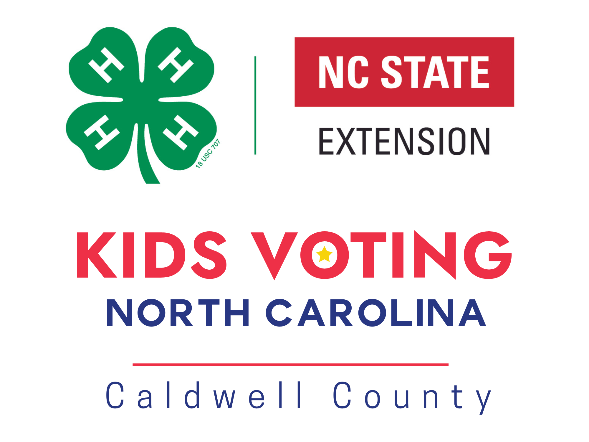 Logo with 4-H Clover NC Extension and Kids Voting NC Caldwell County