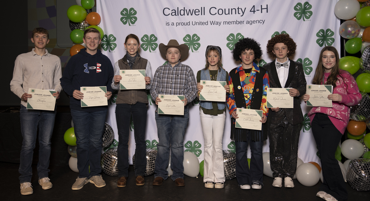 Junior Leaders from summer 2022 pose at Caldwell County 4-H Achievement Night on February 3, 2023. Pictured from left to right is Ellis Waitz, Peyton Denning, Erin Shows, Eli Dillon, Emma Combs, Caleb Schwartz, Malachi Schwartz, and Addie Dillon.