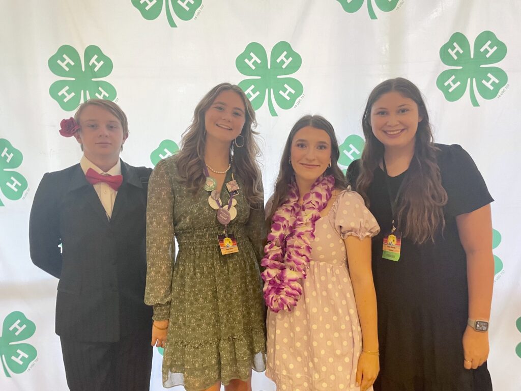 Caldwell County 4-H’ers and their Agent show off their Sunday Best for the Clover Gala. From left to right are Malachi Schwartz, Reece Darress, Addi Dillion, and Caldwell County 4-H Agent Gabby Whorley.