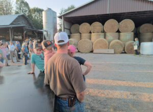 people looking at hay in a barn