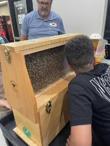 a child leans his head next to a box of bees