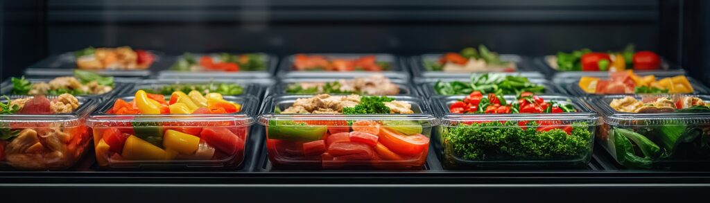 Variety of fresh, colorful meal prep containers filled with vegetables, lean proteins, and greens, stored in a refrigerator for healthy eating.