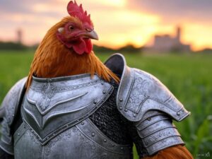 a chicken wearing metal armor